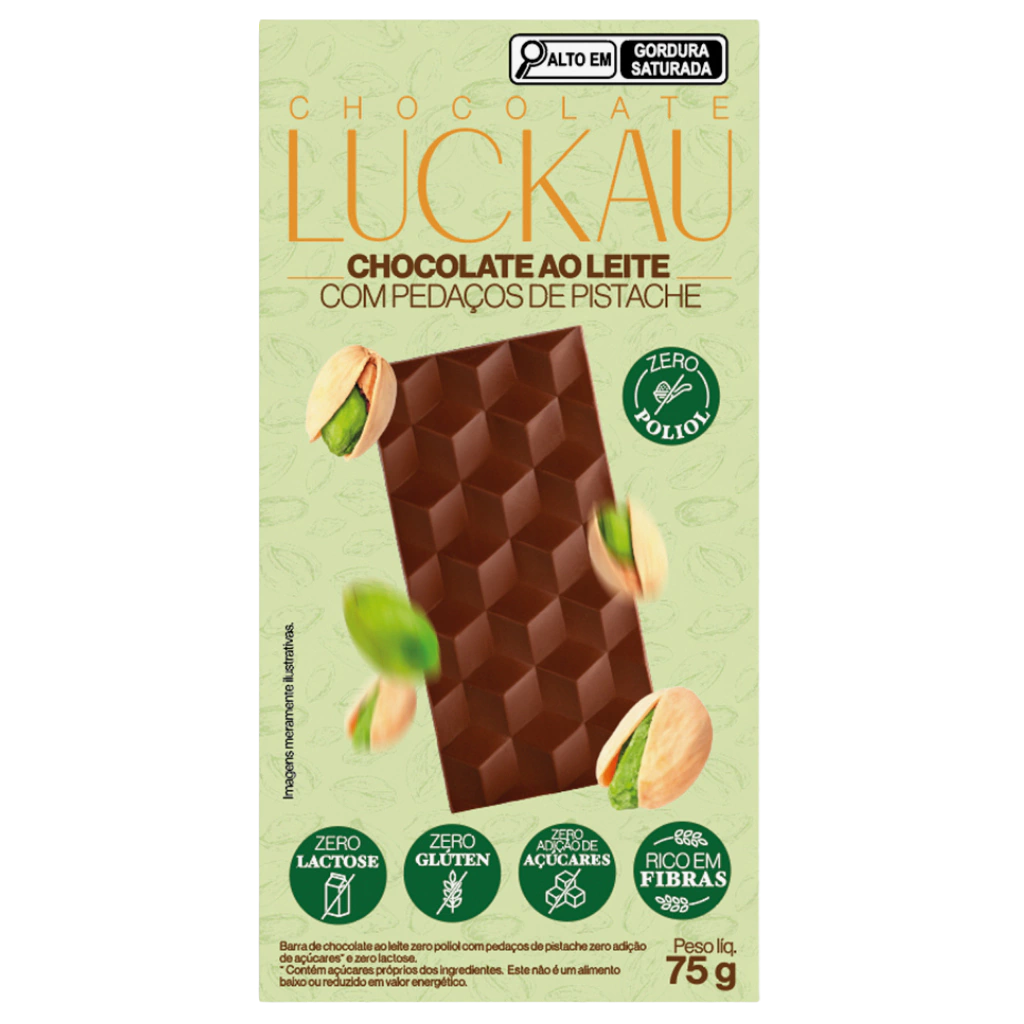 BARRA DE CHOCOLATE AO LEITE COM PISTACHE 75G - LUCKAU