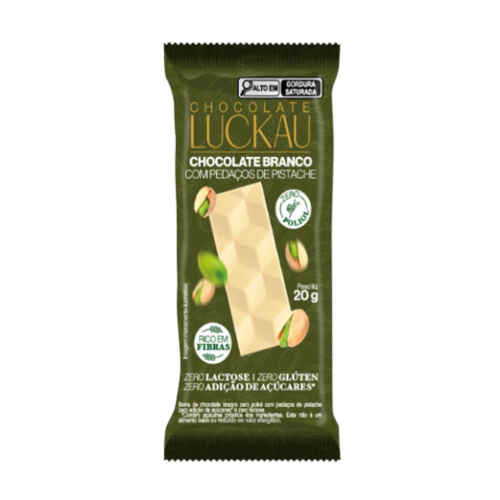 BARRA DE CHOCOLATE BRANCO COM PISTACHE 20G - LUCKAU
