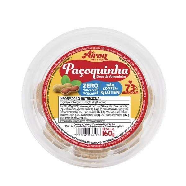 PAÇOQUINHA 160G ZERO - AIRON