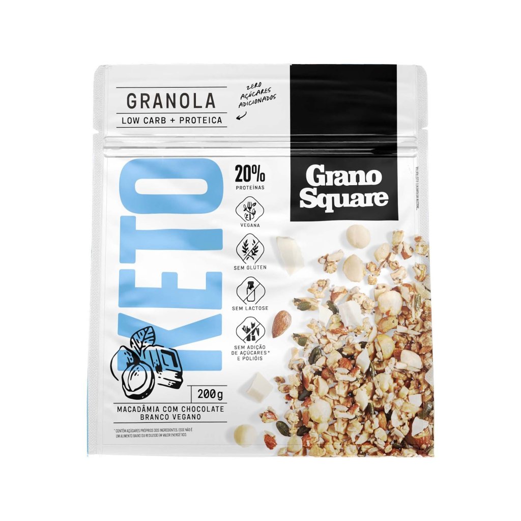 GRANOLA KETO MACADÂMIA E CHOCOLATE BRANCO 200G - GRANO SQUARE