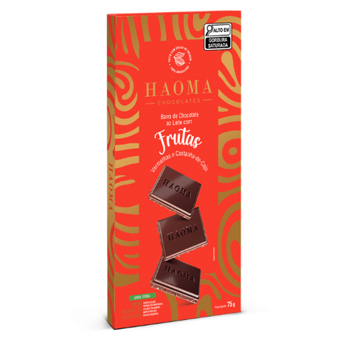 BARRA DE CHOCOLATE COM FRUTAS VERMELHAS E CASTANHA 75G - HAOMA