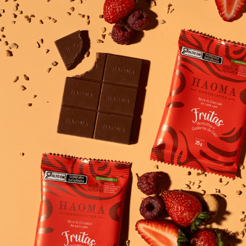 BARRA DE CHOCOLATE COM FRUTAS VERMELHAS E CASTANHA 25G - HAOMA