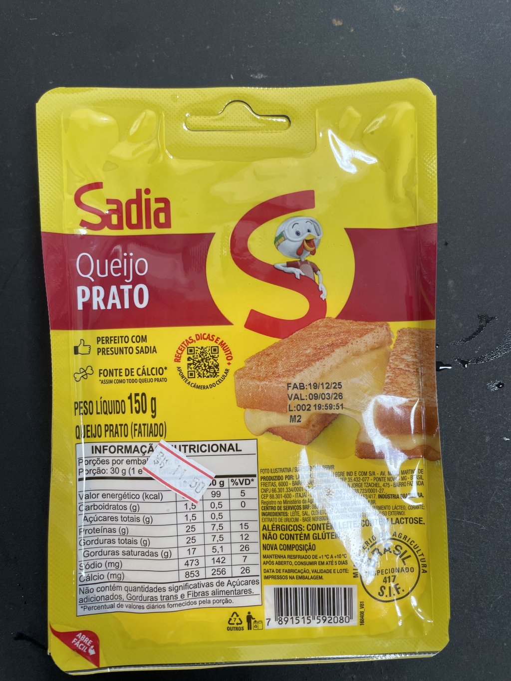 Queijo prato sadia 150g