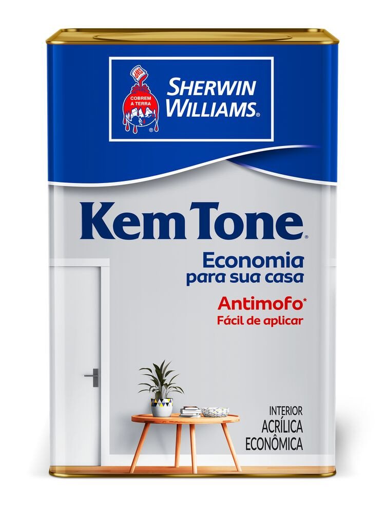 TINTA INTERNA KEMTONE 18L BRANCO FOSCO SHERWIN - Recomendado para pintura econômica de superfícies internas, proporcionando fácil aplicação, ação antimofo e bom acabamento fosco.