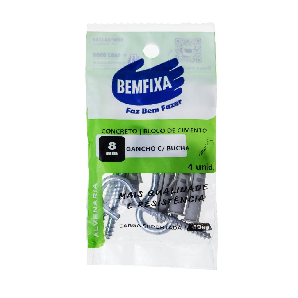 GANCHO COM BUCHA 8MM 4PC BEMFIXA