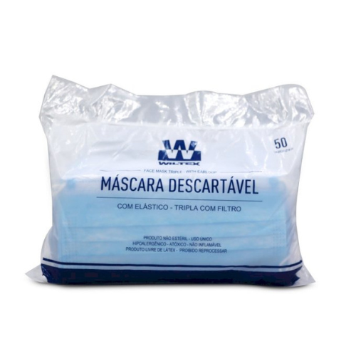 Máscara descartável tripla Wiltex (azul) - 50 Un