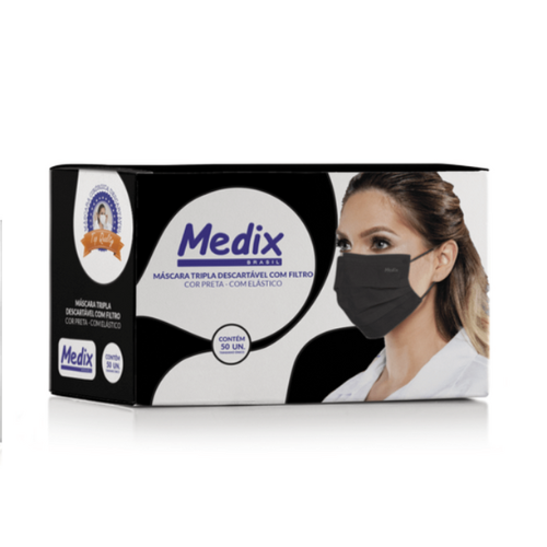 Máscara descartável tripla Medix (preta) - 50 Un