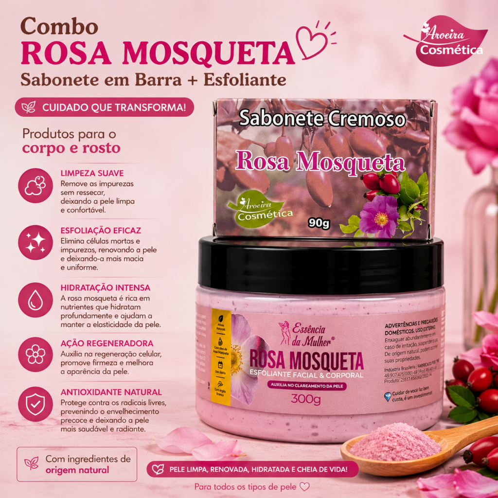 Combo esfoliante + sabonete em barra de rosa mosqueta 