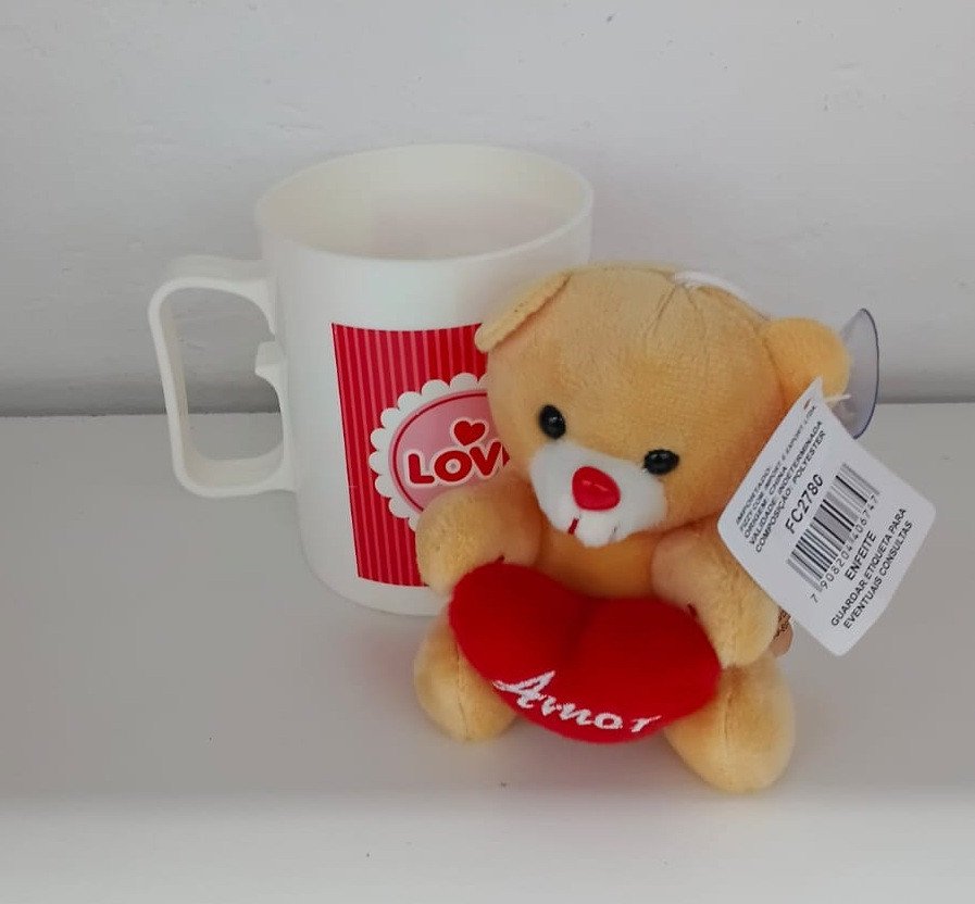 Urso pelúcia 12cm com caneca plástica FC2779