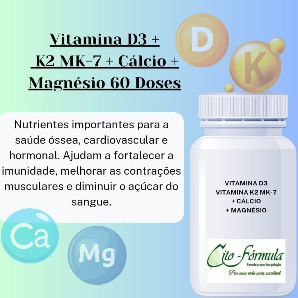 Vitamina D3 +Vitamina K2+Cálcio+Magnésio 60 cápsulas