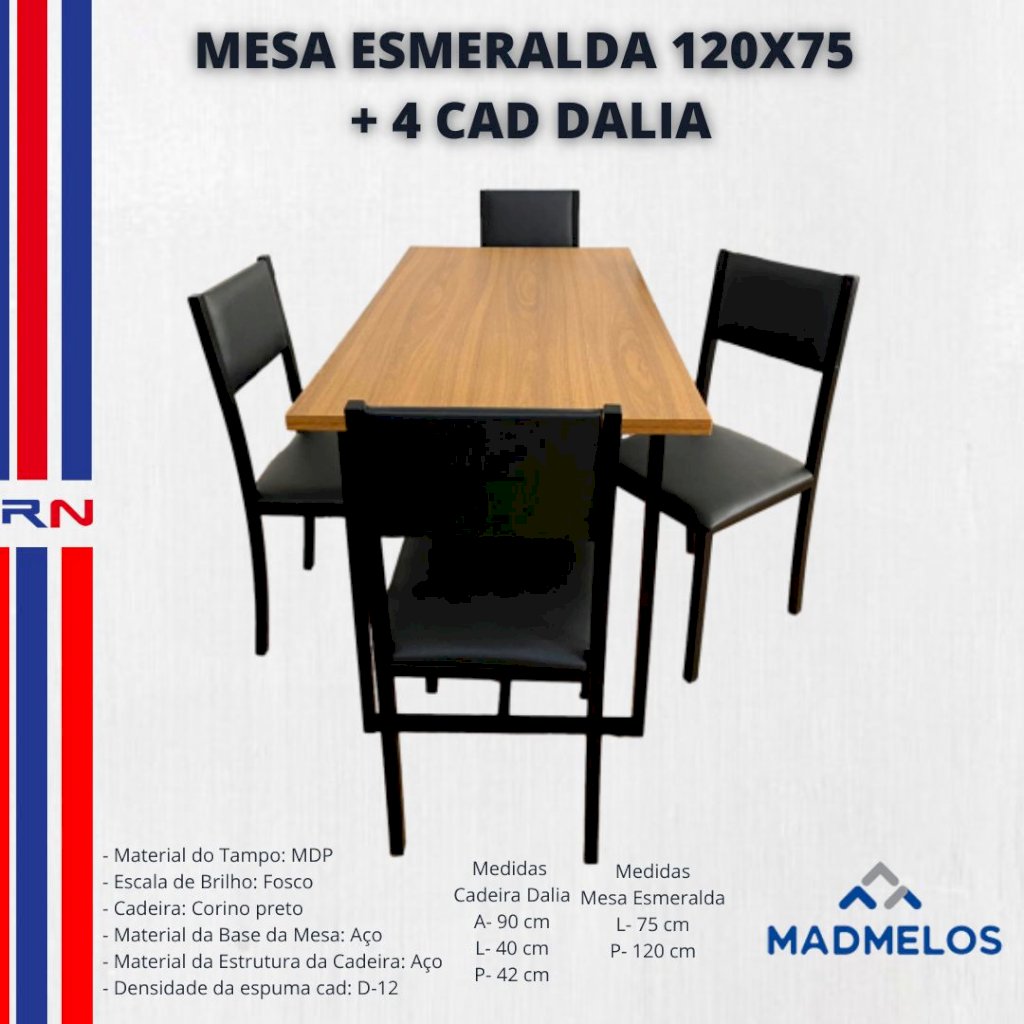 Mesa esmeralda 1,20 x 0,75 m Com 4 cadeiras Dália estilo industrial RN