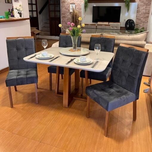 Mesa Pedro 120 Mel/Off White com Cadeiras Sophia/Capri Mel/Veludo Grafite TT