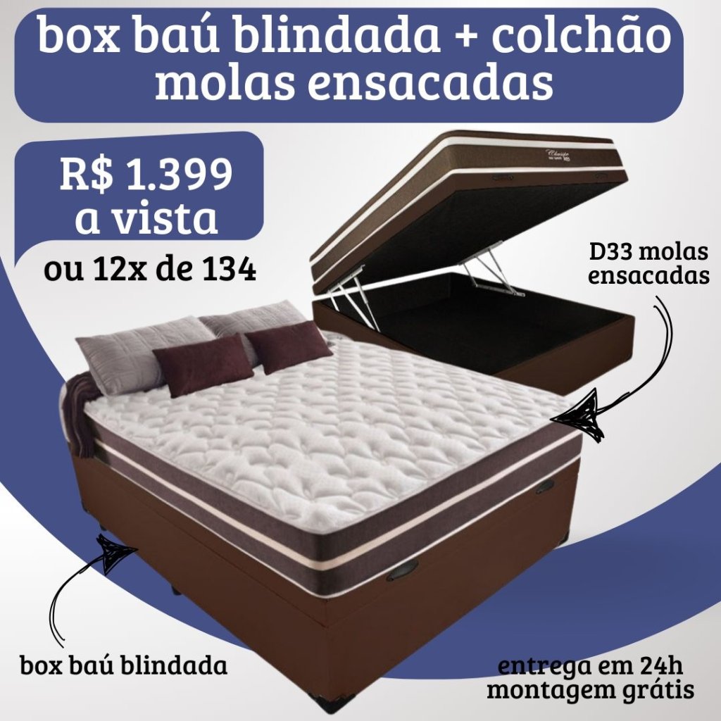 Base casal baú blindada + colchão casal molas ensacadas espuma D33 promo