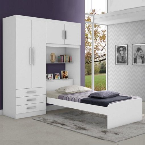 Guarda-Roupa Solteiro 4 Portas Com Cama de Solteiro Cancun PRTRNS