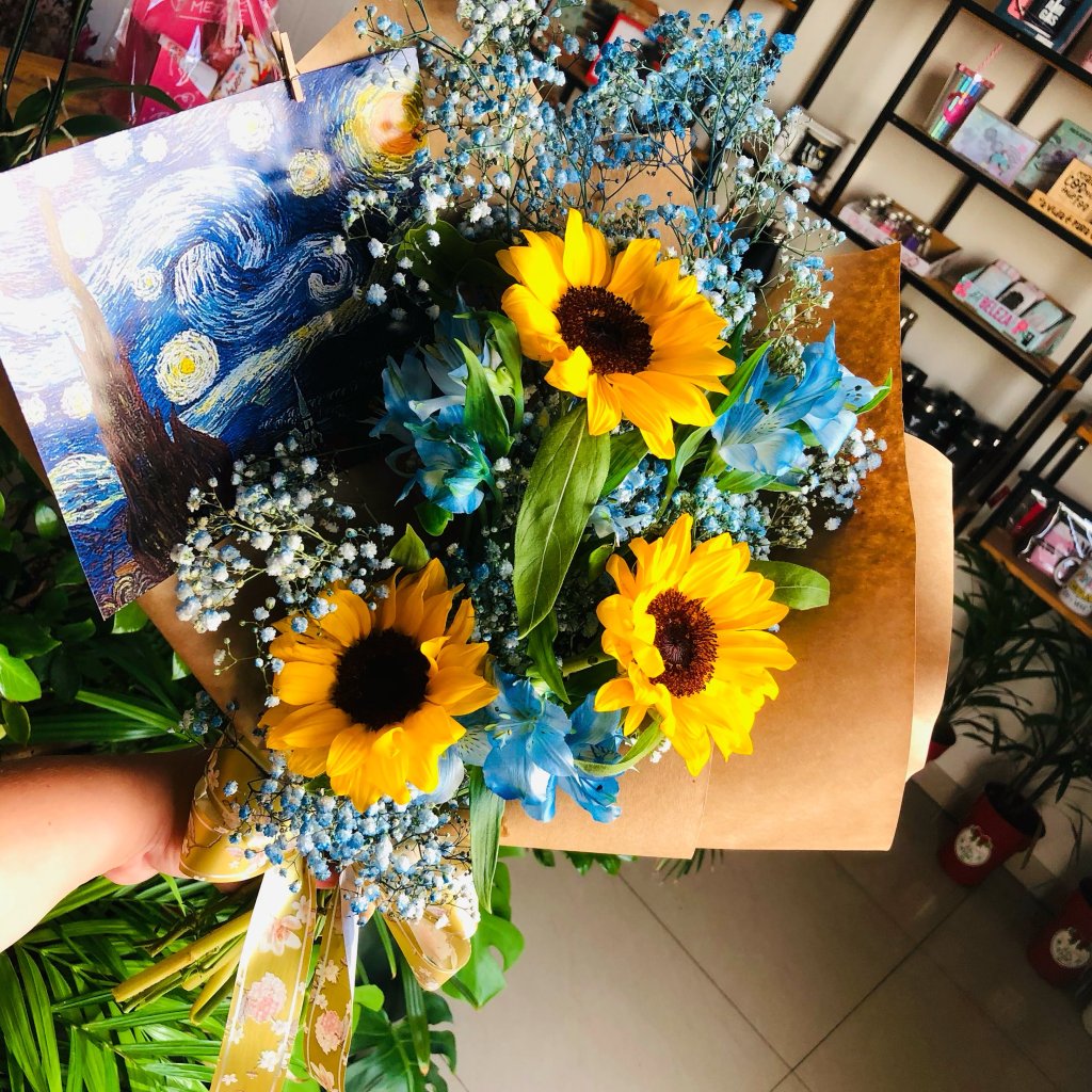 Leque com 3 Girassóis Ceu Estrelado Van gogh 