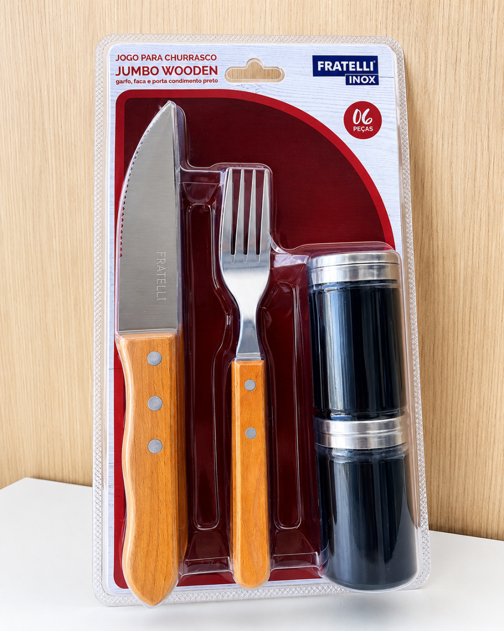 KIT  06 PÇS CHURRASCO JUMBO WOODEN PRETO 308023