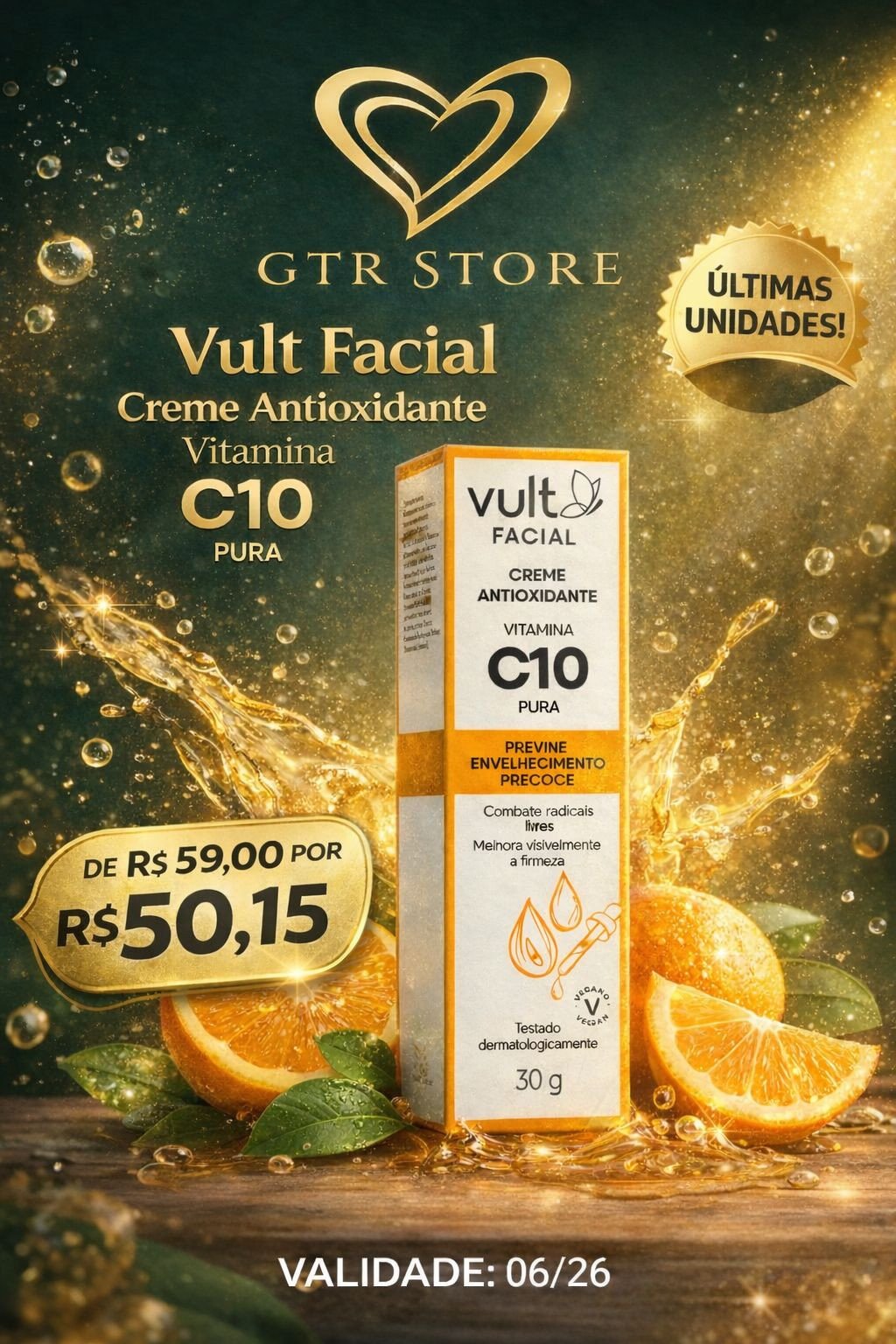Creme Facial Antioxidante Vitamina C10 Pura – 30g 🍊✨ - Vult
