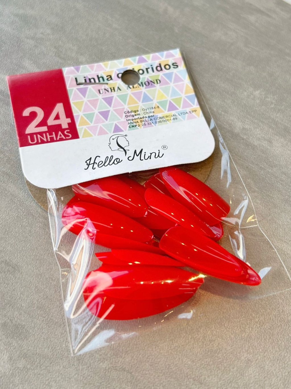Unha Postiça Almond Vermelha Linha Coloridos - Hello Mini