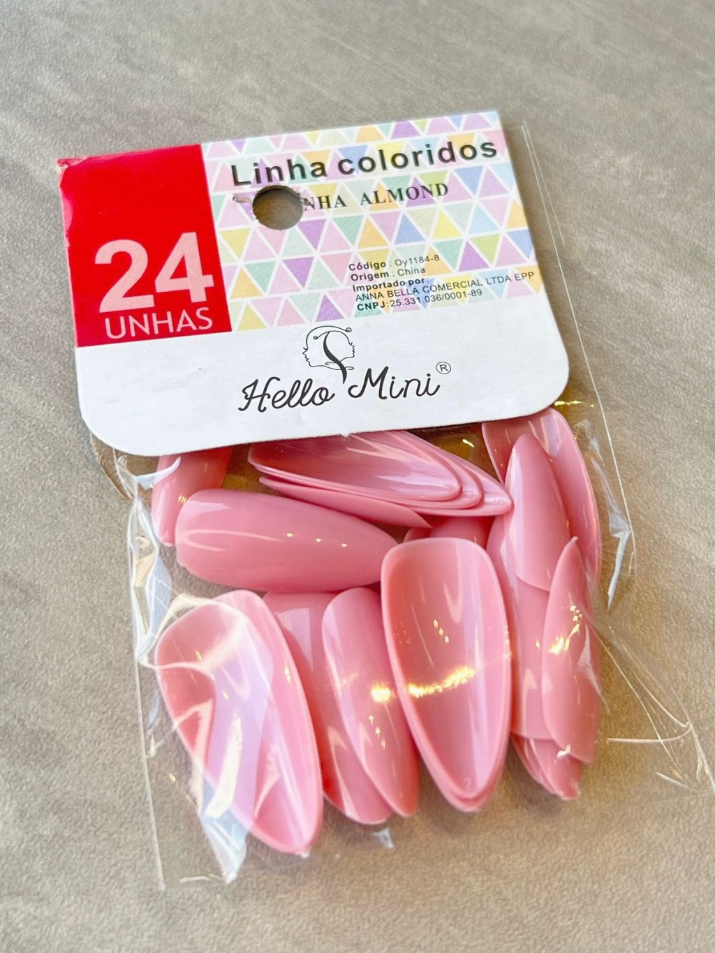 Unha Postiça Almond Rosa Linha Coloridos - Hello Mini