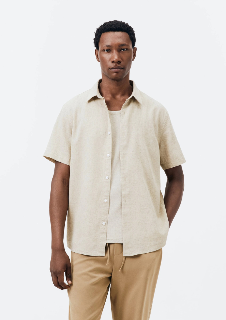 Camisa Masculina Manga Curta Slim Com Linho