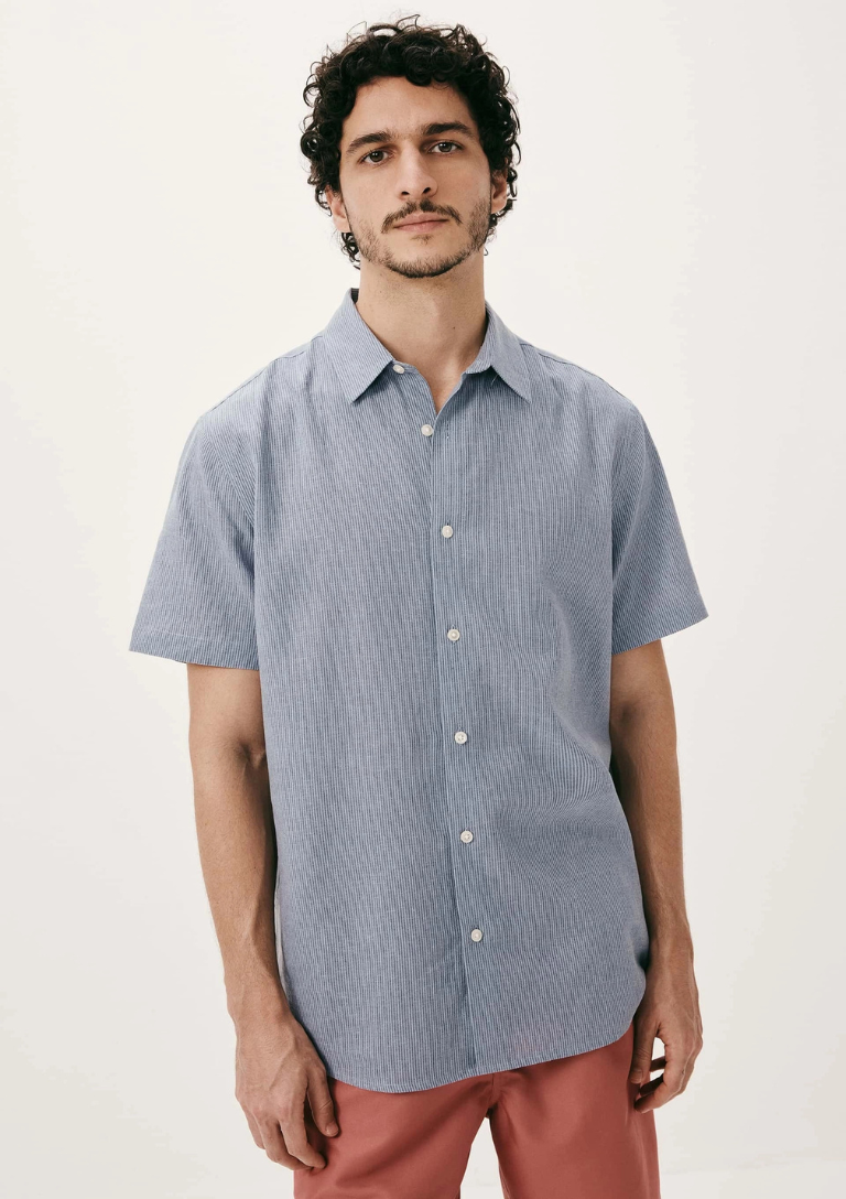 Camisa Masculina Manga Curta Fio Tinto Listrada Em Linho