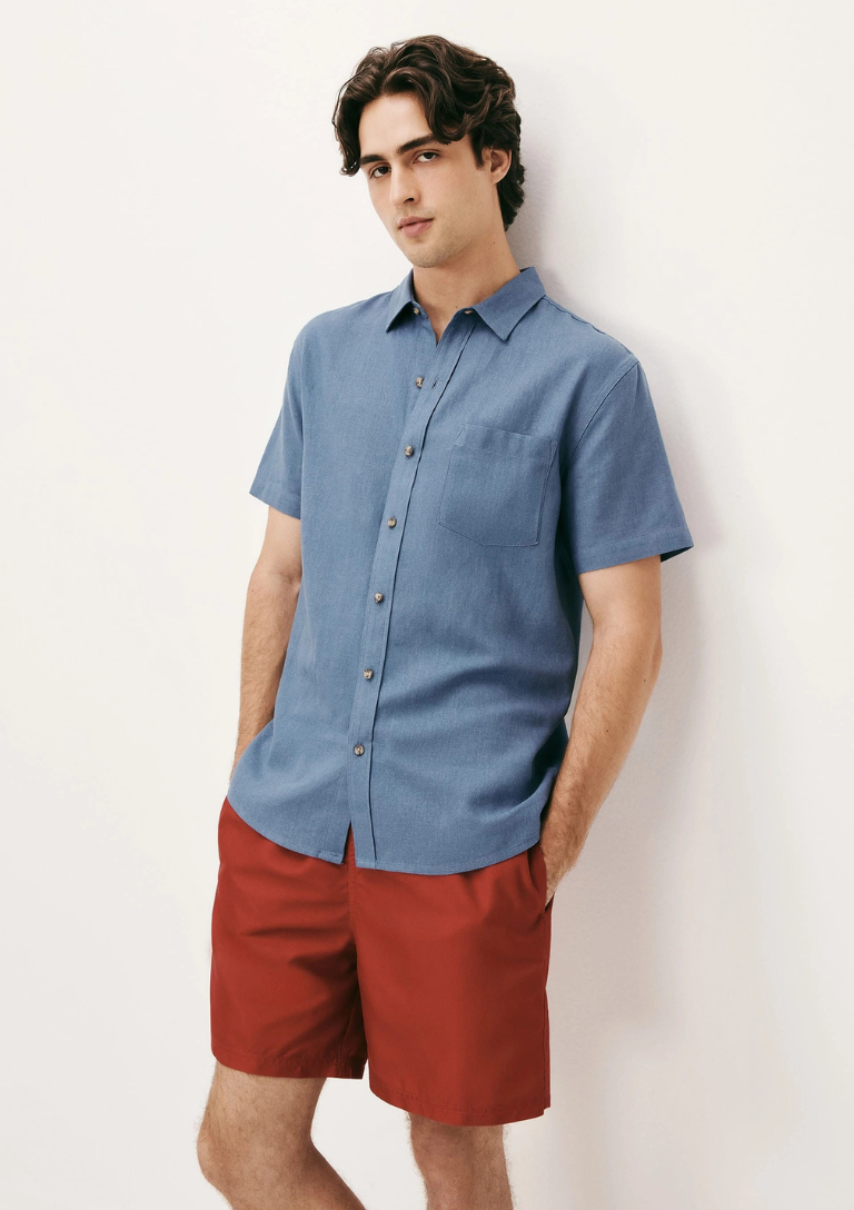 Camisa Básica Masculina Manga Curta Slim Em Linho