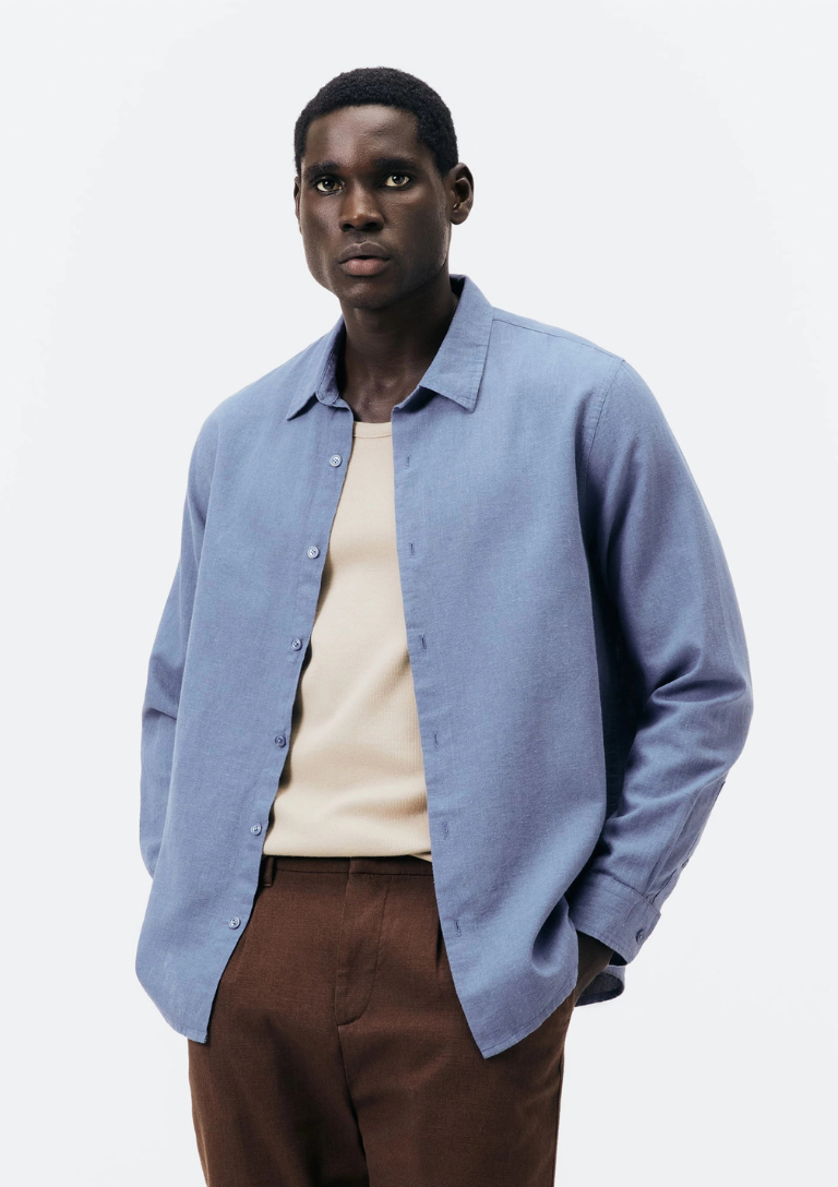 Camisa Masculina Manga Longa Slim Com Linho