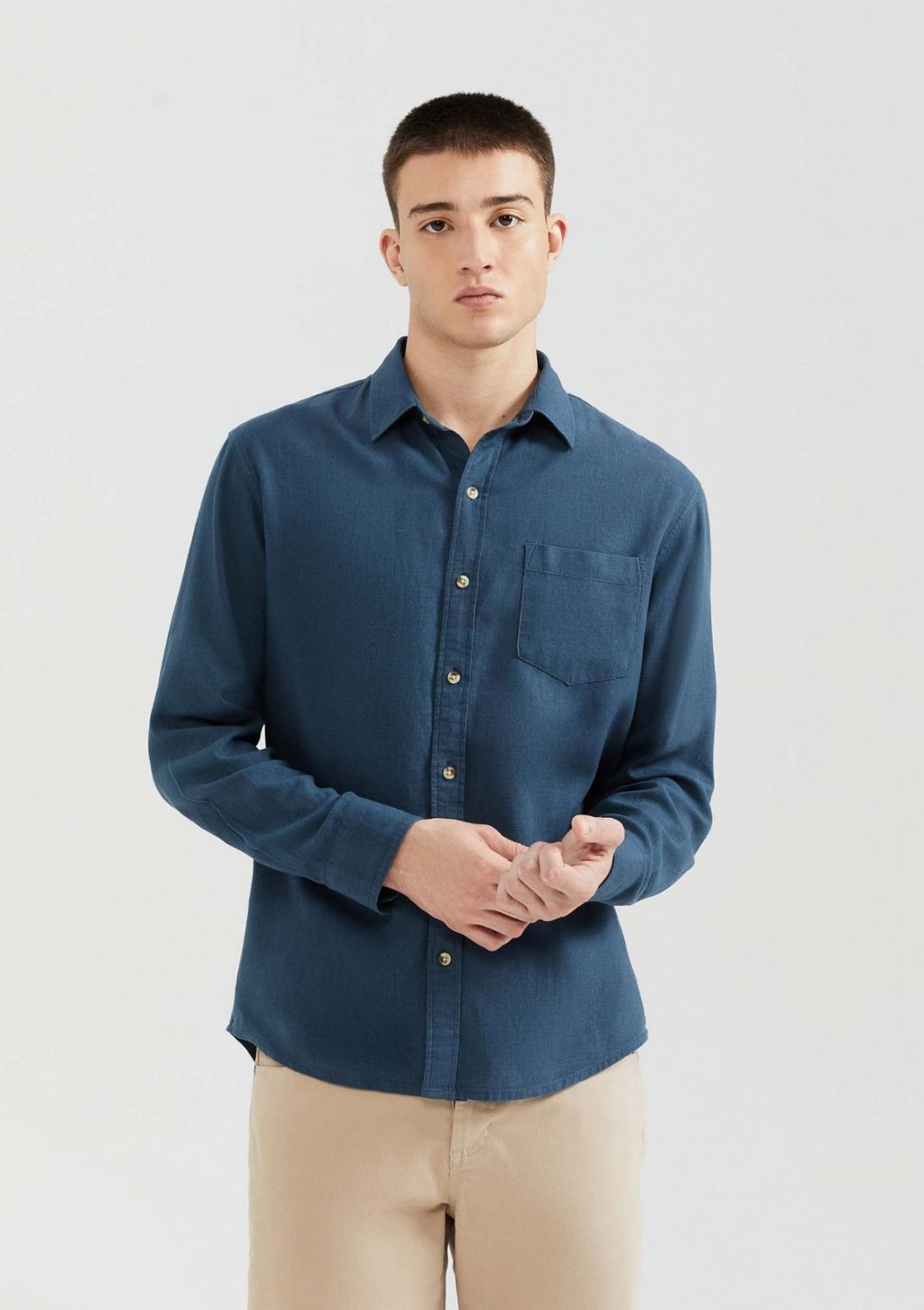 Camisa masculina linho manga longa azul