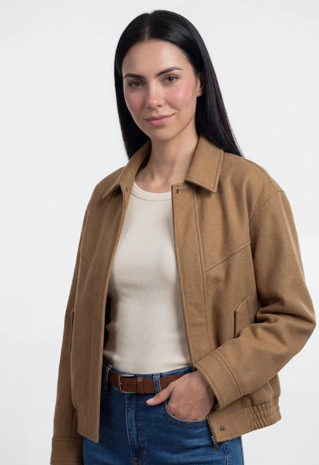 Jaqueta Feminina Bomber Em Suede - Bege