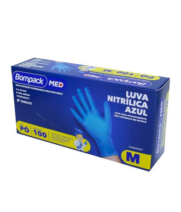 LUVA NITRÍLICA AZUL SEM PÓ - BOMPACK  