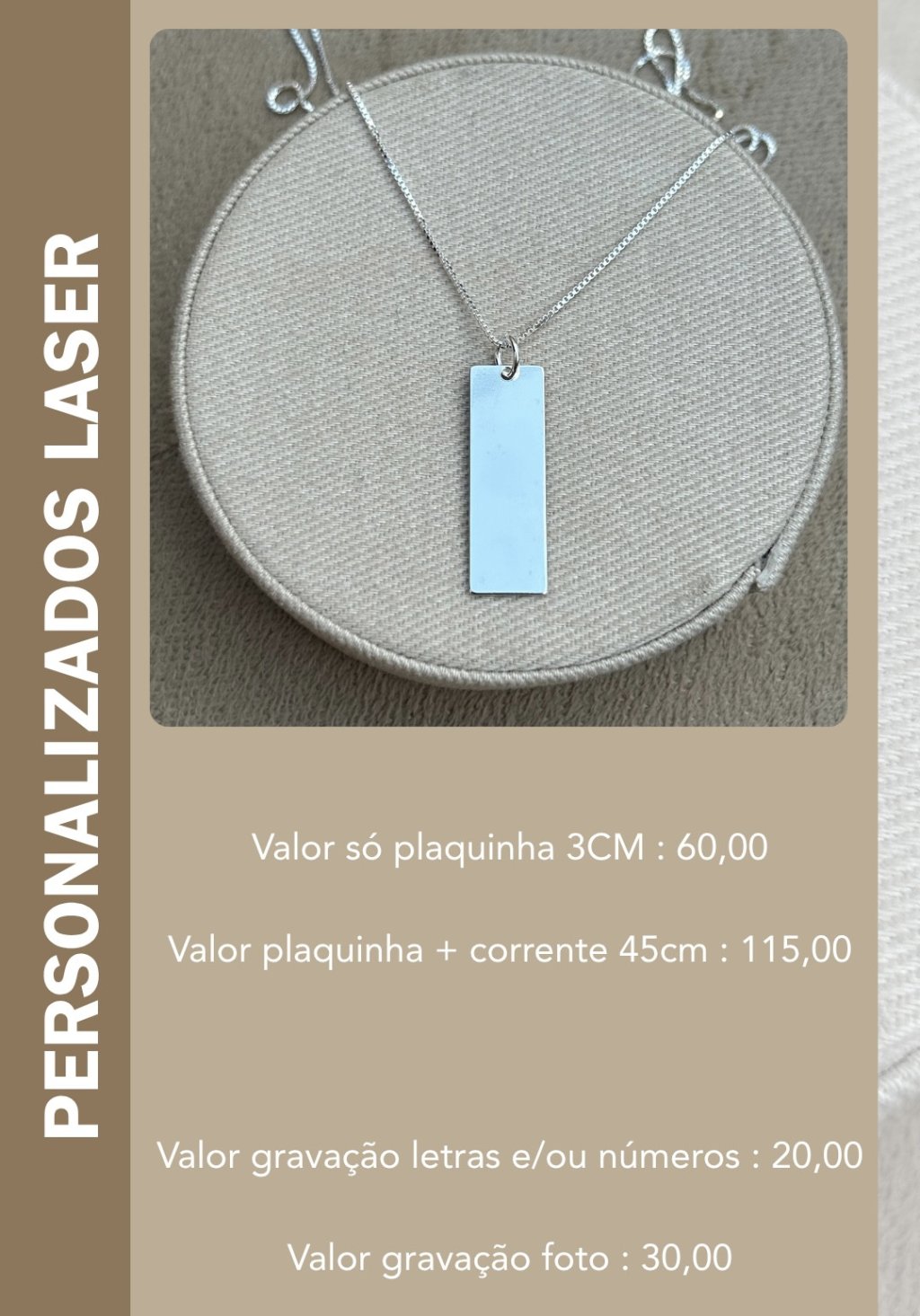 COLAR PLAQUINHA PERSONALIZADO LASER 