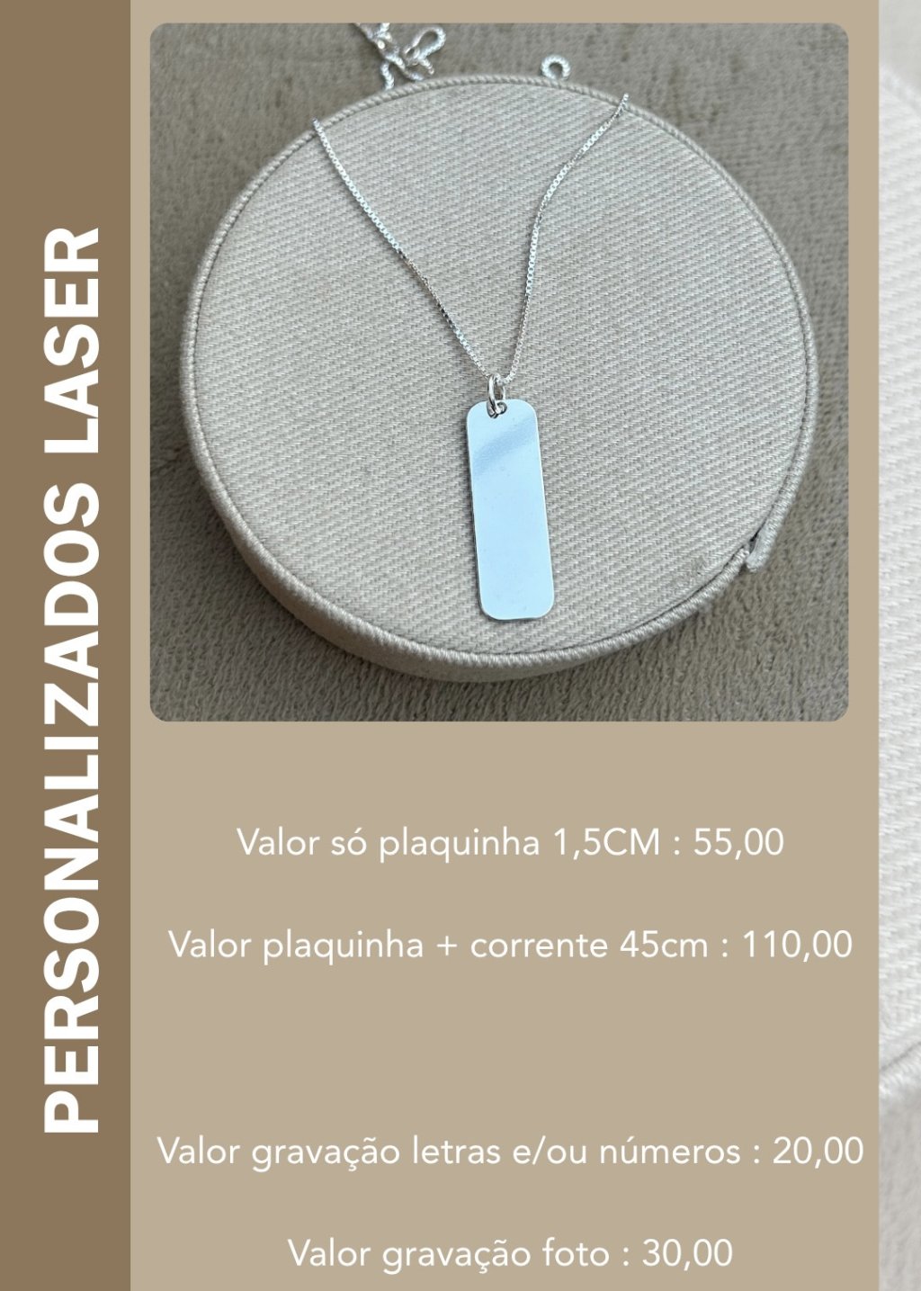 COLAR PLAQUINHA PERSONALIZADO LASER 