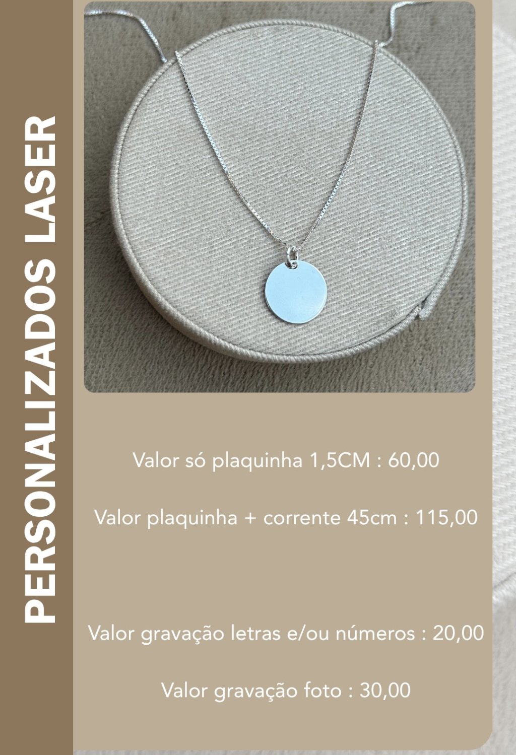COLAR PLAQUINHA REDONDA PERSONALIZADO LASER