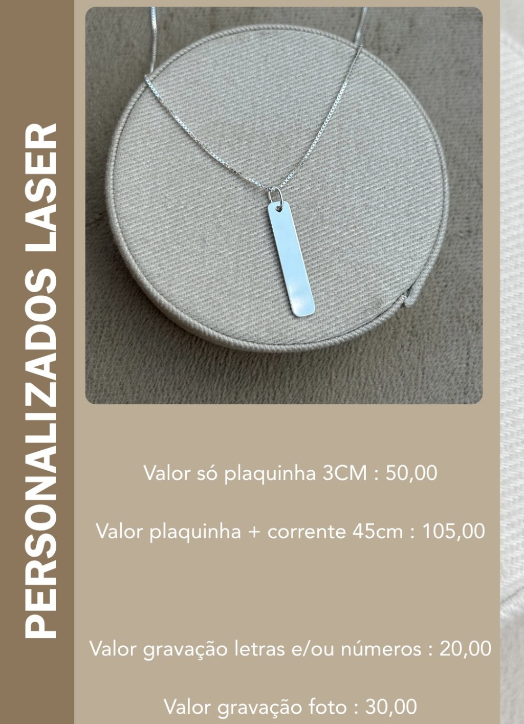 COLAR PLAQUINHA PERSONALIZADO LASER