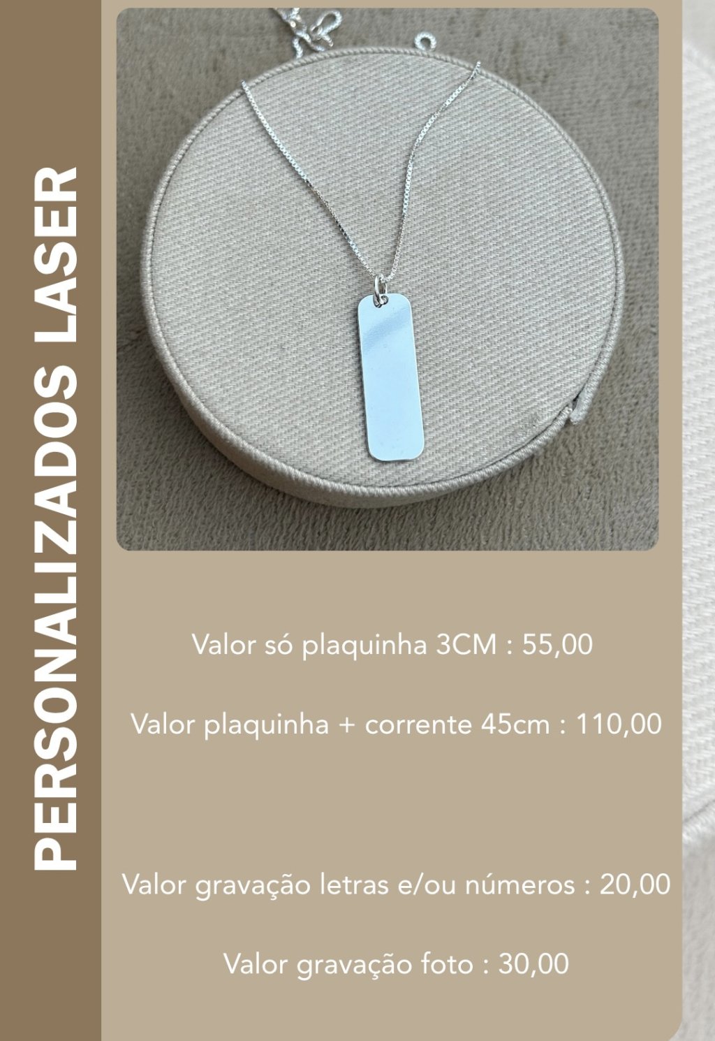 COLAR PLAQUINHA PERSONALIZADO LASER
