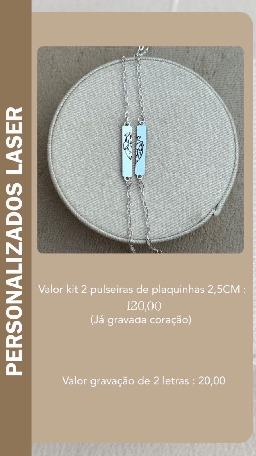 KIT 2 PULSEIRAS PLAQUINHA CORAÇÃO GRAVADO 