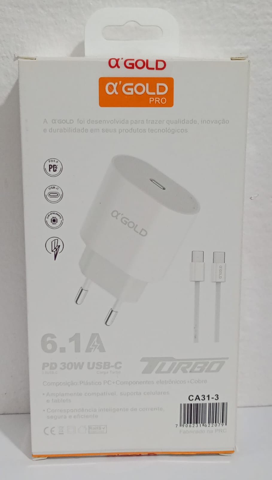 CARREGADOR TURBO 30W USB-C 6.1A MARCA GOLD