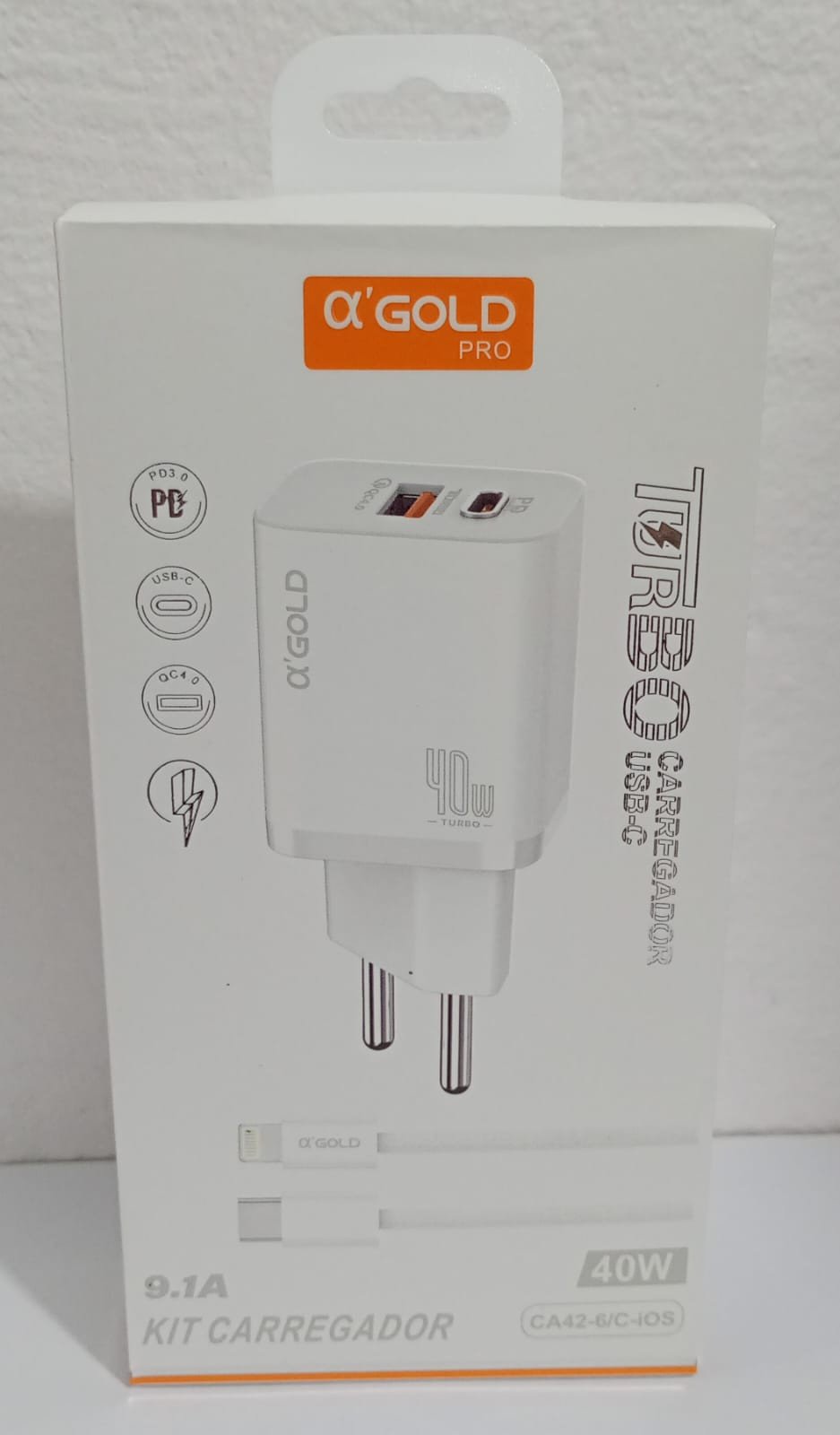 KIT CARREGADOR 9.1A 40W TURBO IPHONE LIGHTNING