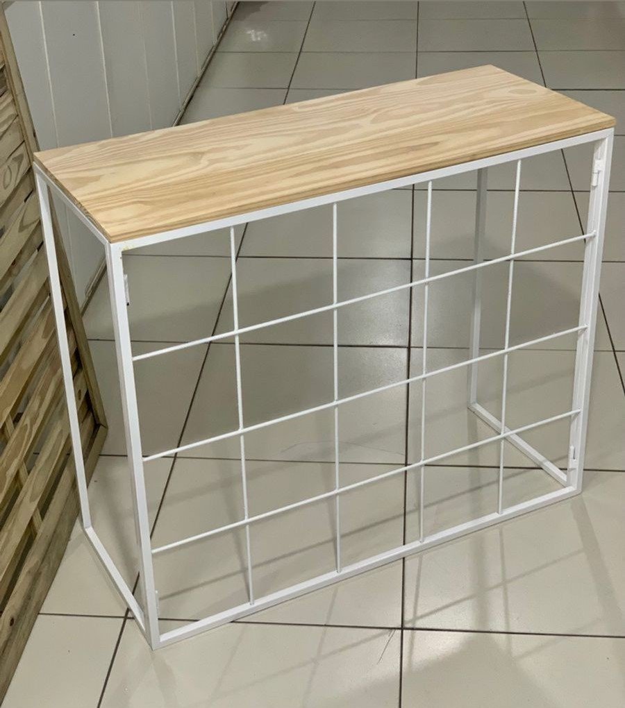MESA METAL COM MADEIRA PINUS BRANCA 95X39X81CM