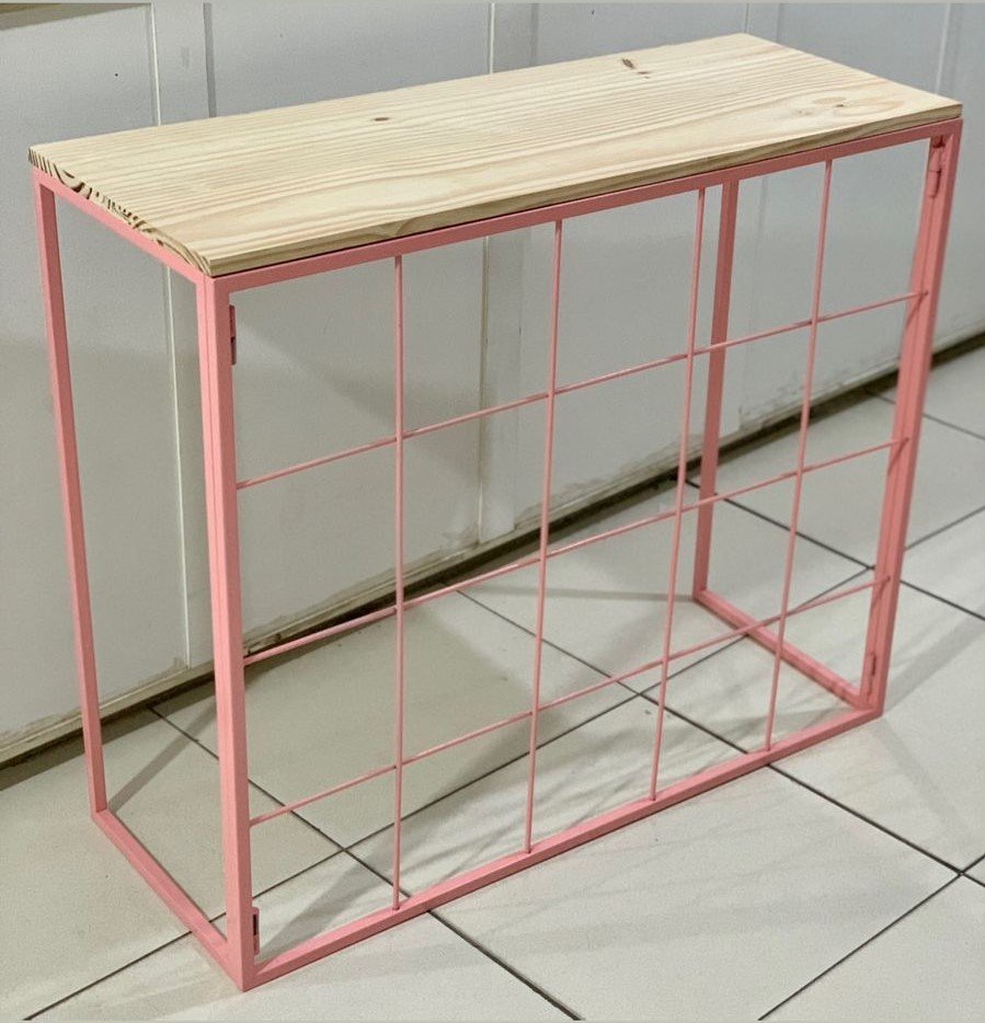 MESA METAL COM MADEIRA PINUS ROSA 95X39X81CM