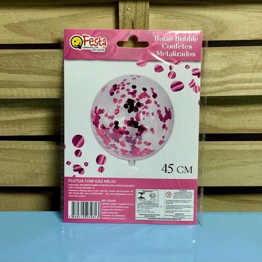 BALAO BUBBLE 18/45CM C/CONFETE ROSA 234813