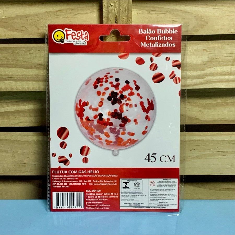 BALAO BUBBLE 18/45CM C/CONFETE VERMELHO 241002