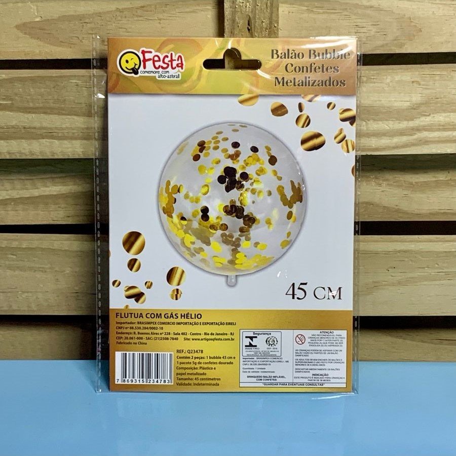 BALAO BUBBLE 18/45CM C/CONFETE DOURADO 234783