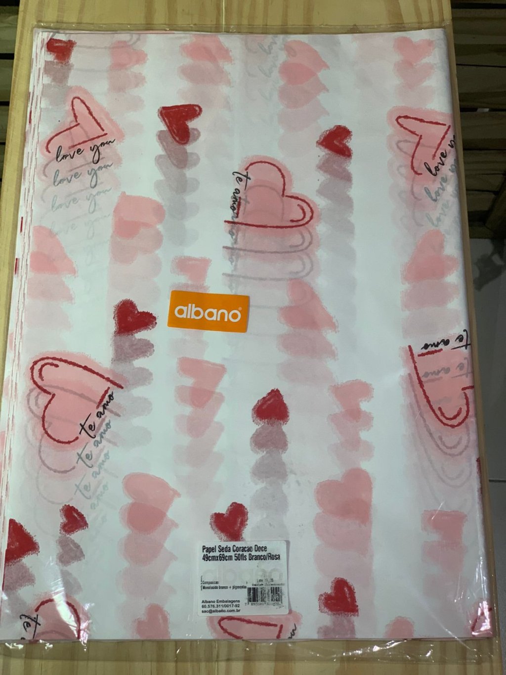 PAPEL SEDA CORACAO DOCE 49CMX69CM 50FLS BRANCO/ROSA 36402