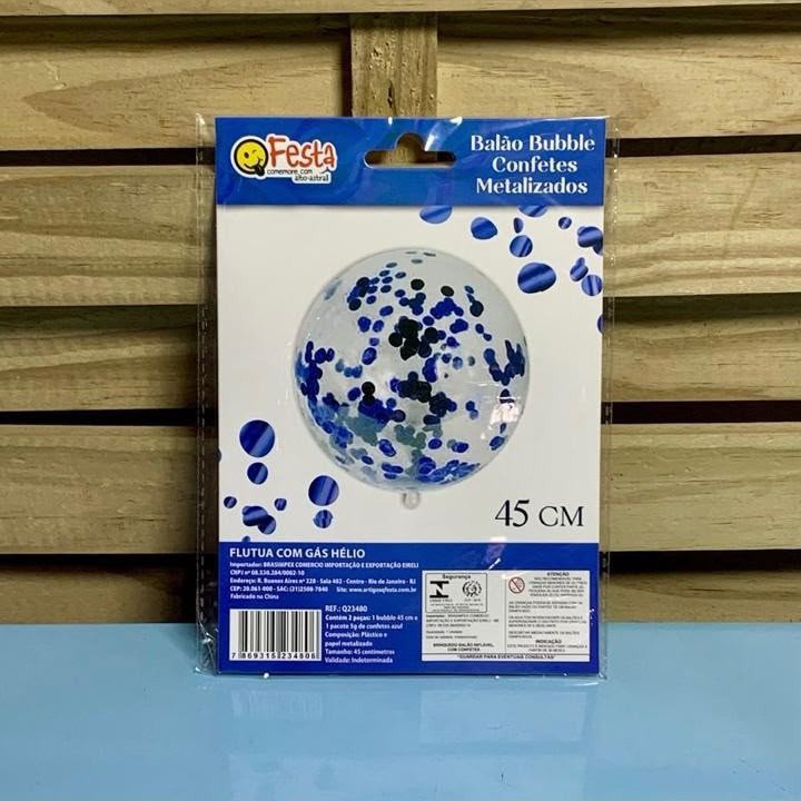 BALAO BUBBLE 45CM C/CONFETE AZUL 