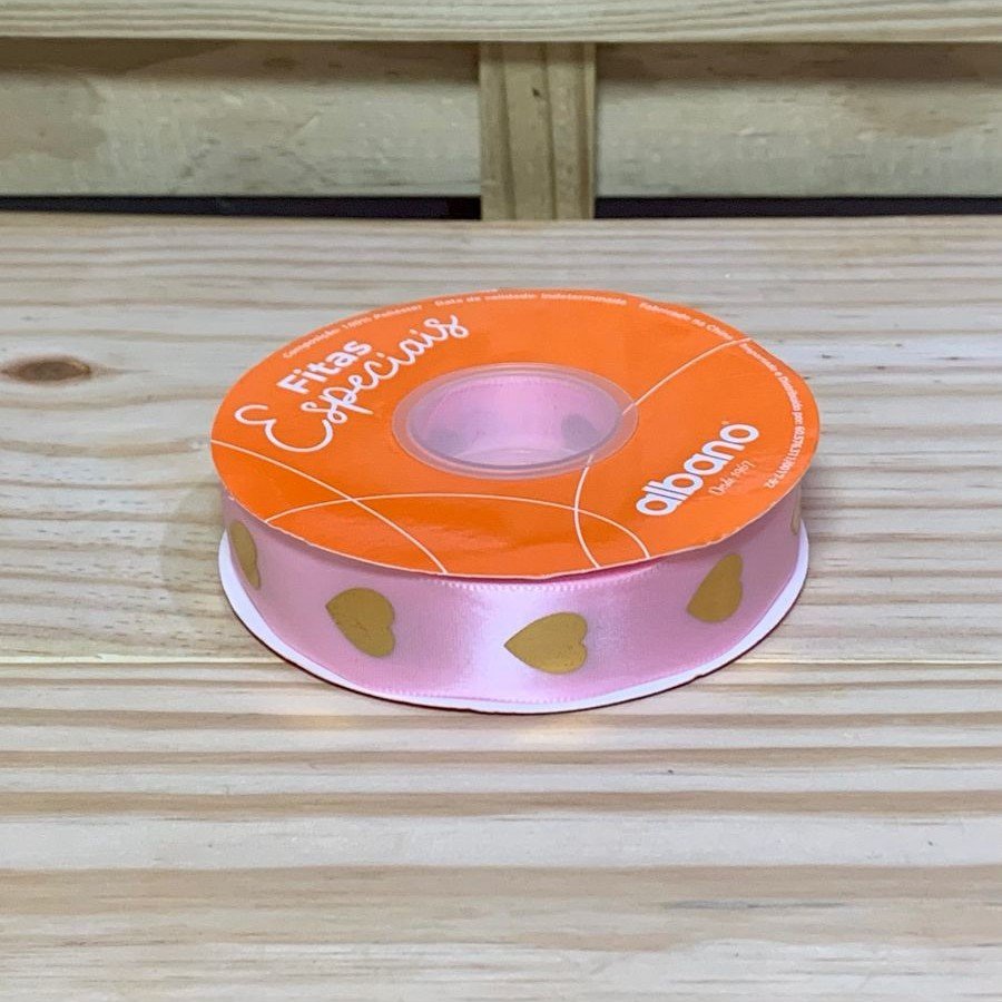 FITA CETIM CORACOES C/ HOT STAMPING 25MMX30M ROSA/OURO 37809