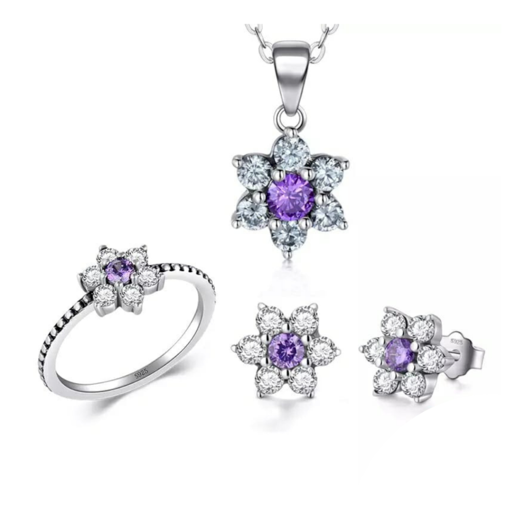 CONJUNTO FLORES ROXA - PRATA 925