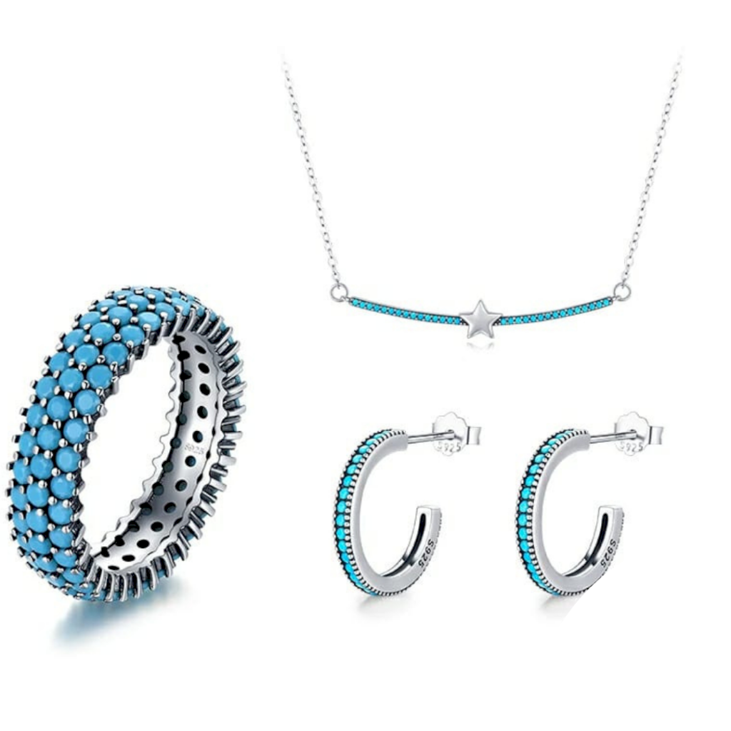 CONJUNTO PEDRAS CIANO - PRATA 925