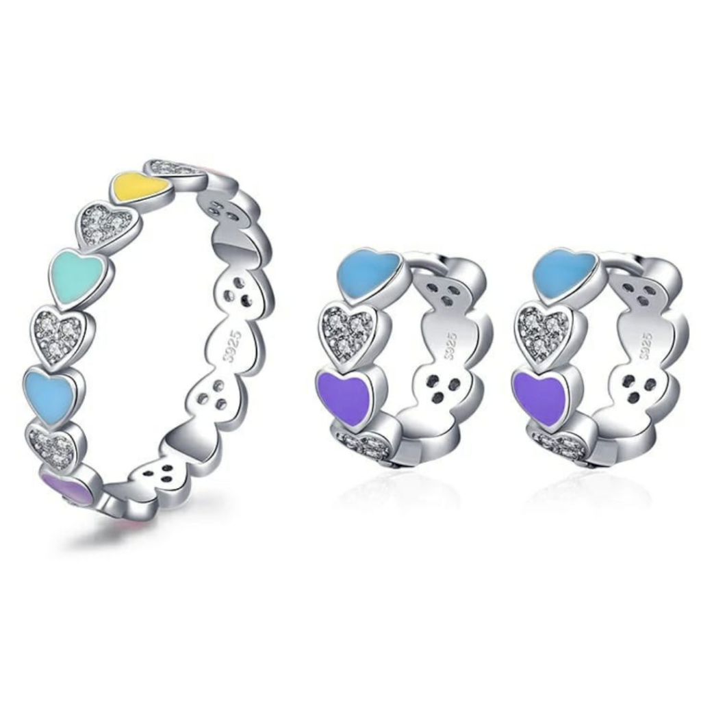 CONJUNTO CORAÇÃO CORES - PRATA 925