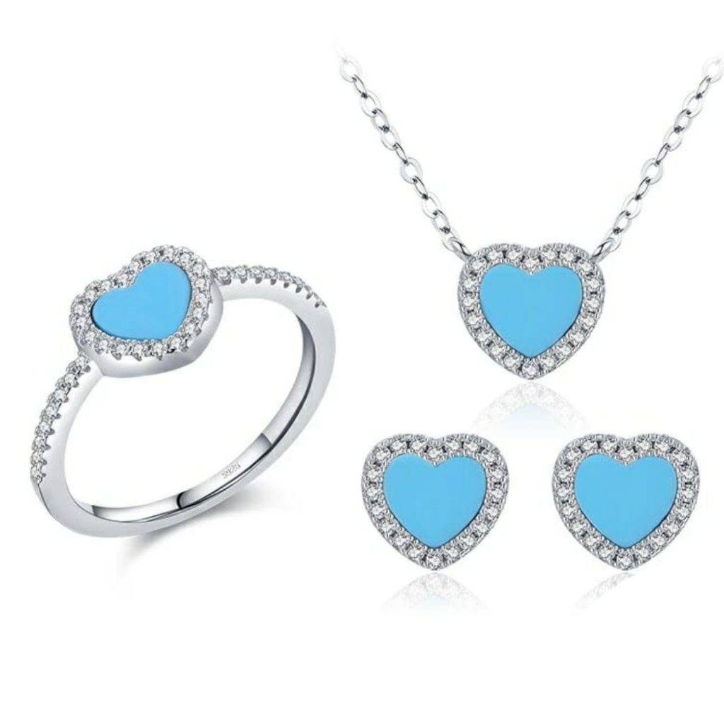 CONJUNTO CORAÇÃO AZUL CLARO - PRATA 925